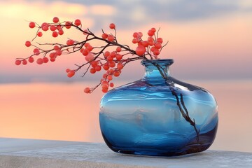 Aufkleber - Colorful glass vase with bright orange branches against a serene sunset backdrop