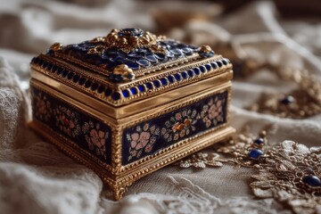 Poster - Decorative vintage jewelry box adorned with intricate details and gemstones resting on elegant lace fabric