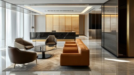 Poster - A sleek and modern office hall with glass partitions, contemporary furniture, and an open layout