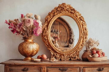 Poster - Elegant vintage decor featuring a golden mirror and dried flowers in a rustic setting