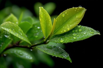 Aufkleber - Close-up view of fresh green leaves with water droplets during a rainy day in nature's garden setting