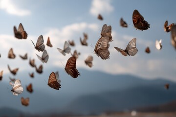 Poster - Colorful butterflies fluttering together in a serene natural landscape with mountains and clear sky