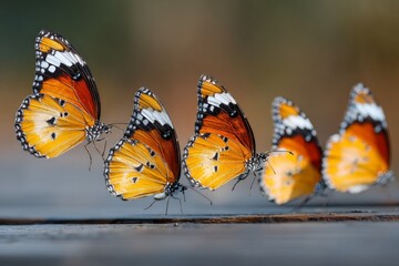 Poster - Colorful butterflies resting on a wooden surface in a serene natural setting during daylight