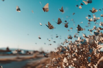 Poster - Colorful butterflies fluttering above a field under a bright blue sky in the early afternoon