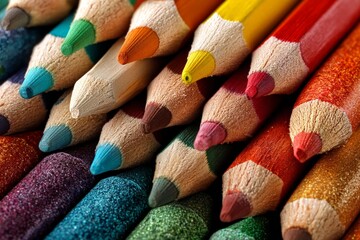 Poster - Colorful pencils arranged artistically on a wooden surface showcasing a vibrant palette for creative projects