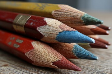 Poster - Collection of colored pencils arranged tightly on a wooden surface with sharp tips facing upward and natural light illuminating them