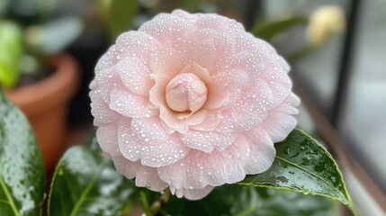 Poster - A soft pink camellia covered in morning dew, its petals looking fresh and delicate