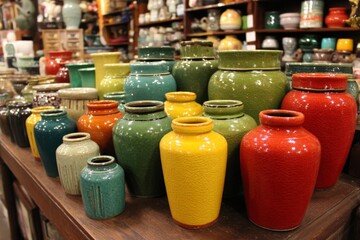 Aufkleber - Colorful ceramic jars arranged on a display table in a vibrant craft shop in a busy marketplace