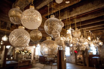 Aufkleber - Decorative glass ornaments create a festive atmosphere in a rustic setting during the holiday season