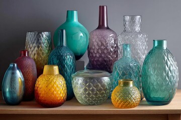 Poster - Colorful collection of glass vases arranged on a wooden shelf in a modern setting