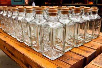 Aufkleber - Empty glass bottles arranged neatly on a wooden table in a craft setting during daylight hours