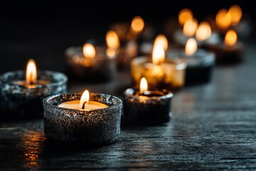 Aufkleber - Soft glow of candles illuminates a dark wooden table creating a tranquil atmosphere for relaxation or meditation