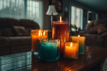 Aufkleber - Candles of various colors illuminate a cozy living room setting in the evening