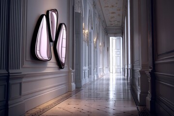 Poster - Elegant hallway with unique wall art and natural light creating a serene atmosphere in a classic architectural setting