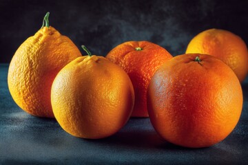 Poster - Fresh oranges arranged on a dark surface with soft lighting highlighting their texture and vibrant color