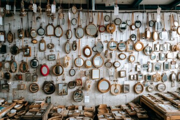Poster - Old vintage mirrors displayed on a wall in a rustic shop showcasing unique home decor items