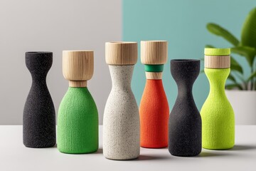 Poster - Unique collection of modern bottle designs displayed on a table with a minimalistic background