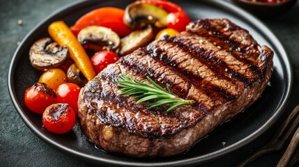 Poster - A steak resting on a stylish ceramic plate, surrounded by sauted vegetables, rosemary, and a splash of balsamic glaze for an artistic presentation.