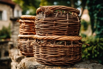 Poster - Woven baskets rest on a stone ledge, showcasing craftsmanship and natural materials in a tranquil garden setting