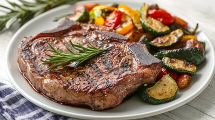 Poster - A steak resting on a stylish ceramic plate, surrounded by sauted vegetables, rosemary, and a splash of balsamic glaze for an artistic presentation.