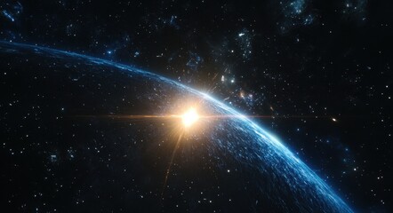 Wall Mural - Sun Rising Over Earth. Abstract 3D Rendering of Earth with Ray Light Flare at Horizon in Glowing Galaxy