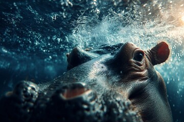 Poster - Hippo swimming underwater in a river on a sunny day capturing the beauty of wildlife in a natural habitat