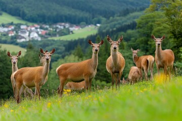 Poster - Group of deer grazing in a lush hillside meadow during daylight near a small village