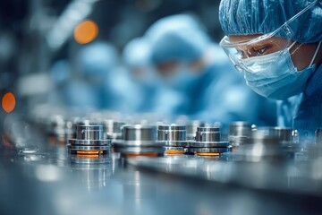 Poster - Workers in protective gear assemble precision components in a high-tech manufacturing facility during daytime