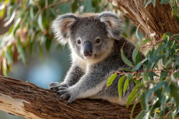 Poster - Close-up of a koala resting on a tree branch in an Australian eucalyptus forest during daylight hours