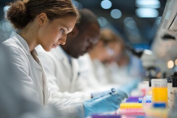 Leinwandbilder - Scientist conducting research in modern laboratory with colleagues engaging in various experiments