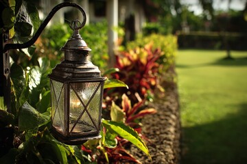 Poster - Rustic lantern illuminates garden path during serene afternoon in tropical landscape