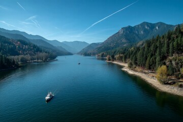 Poster - Tranquil river landscape with a boat on calm waters surrounded by mountains and trees during clear blue sky
