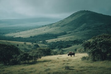 Aufkleber - Majestic bison grazing on a lush hillside in a serene landscape during early morning hours