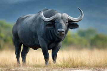 Aufkleber - Buffalo grazing in expansive grassland during golden hour moments under serene skies