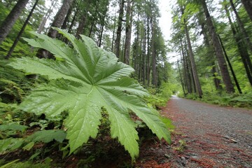 Poster - Large green leaf in foreground along a winding path surrounded by tall trees in a lush forest on a rainy day