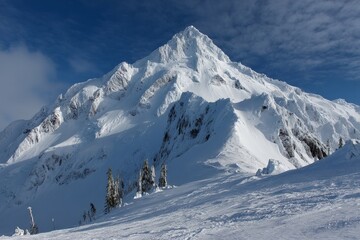 Poster - Majestic snow-covered mountain peak under a clear blue sky in winter