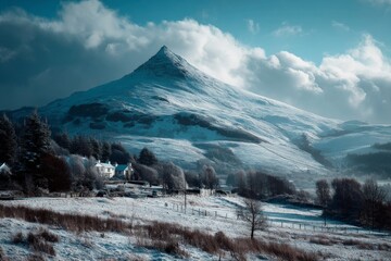 Poster - Majestic snow-covered mountain overlooks quaint village under dramatic sky in winter landscape