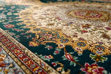 Poster - Elegant vintage carpet design highlighting intricate patterns and rich colors indoors