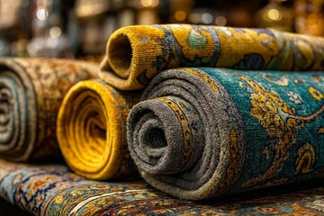 Poster - Colorful decorative rugs rolled neatly in a traditional market setting showcasing intricate designs and rich textures