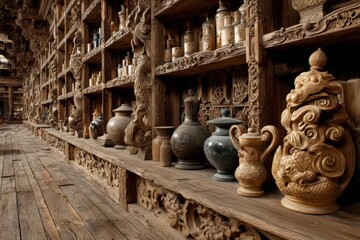 Leinwandbilder - Intricately carved wooden shelves showcase traditional pottery in an ancient workshop setting featuring various clay vessels and ornate details