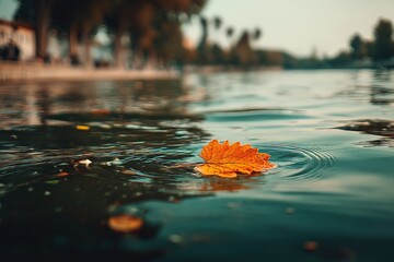 Poster - Autumn leaf floating on calm water with reflections of trees in the background during sunset