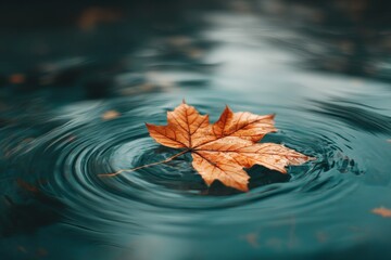 Poster - Autumn leaf floats on a tranquil water surface creating ripples in a serene setting
