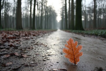 Poster - Dew-kissed orange leaf on a wet pathway in a tranquil forest during foggy morning light