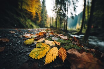 Poster - Colorful autumn leaves blanket the ground along a serene forest pathway near a gently flowing stream