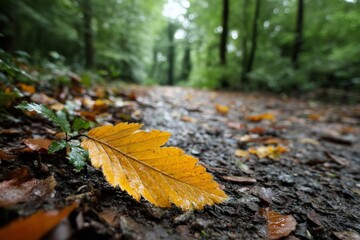 Poster - Bright yellow leaf resting on a wet forest path amidst fallen leaves during a misty autumn morning