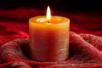 Poster - Warm glow of a lit candle resting on a red fabric background during an intimate evening setting
