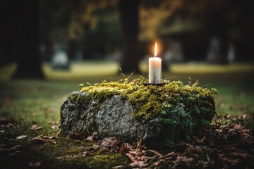 Poster - Candlelight on a moss-covered stone in a serene graveyard during twilight hours