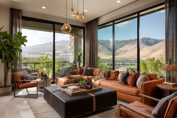 Poster - Cozy mountain living room featuring modern decor and stunning views of the valley below with abundant natural light