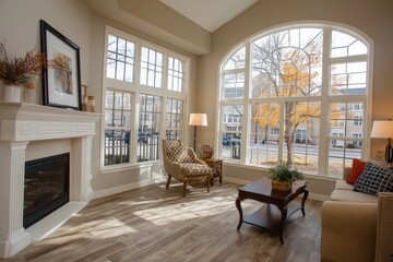 Poster - Cozy living room with large windows showcasing autumn colors in a modern apartment during daylight hours