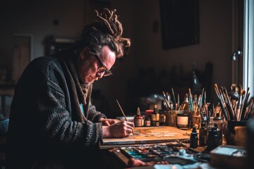 Poster - Artist working on a colorful painting in a cozy studio during the late afternoon light